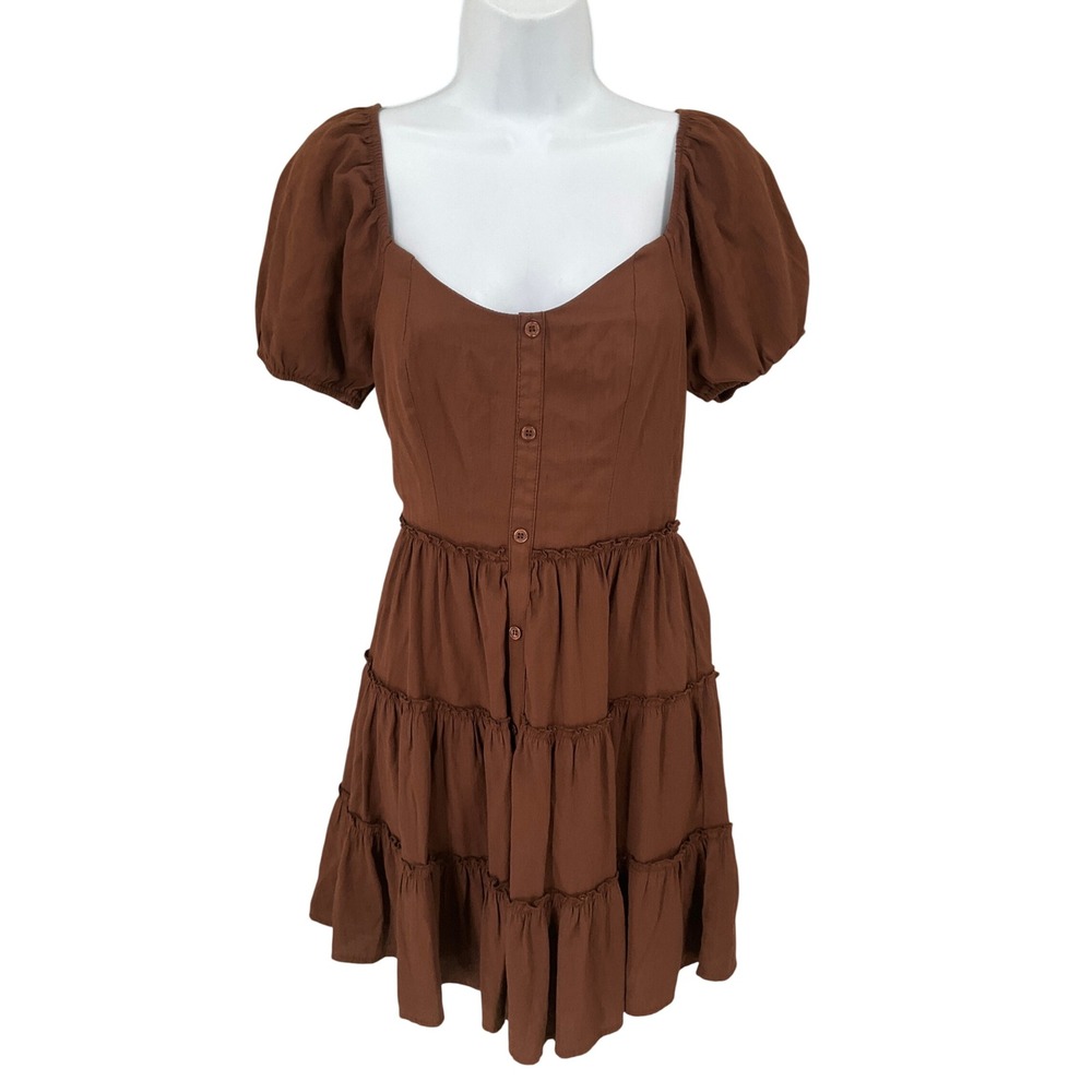Trixi Babydoll Mini Dress Womens S Brown Boho Tiered Puff Sleeve Cottagecore